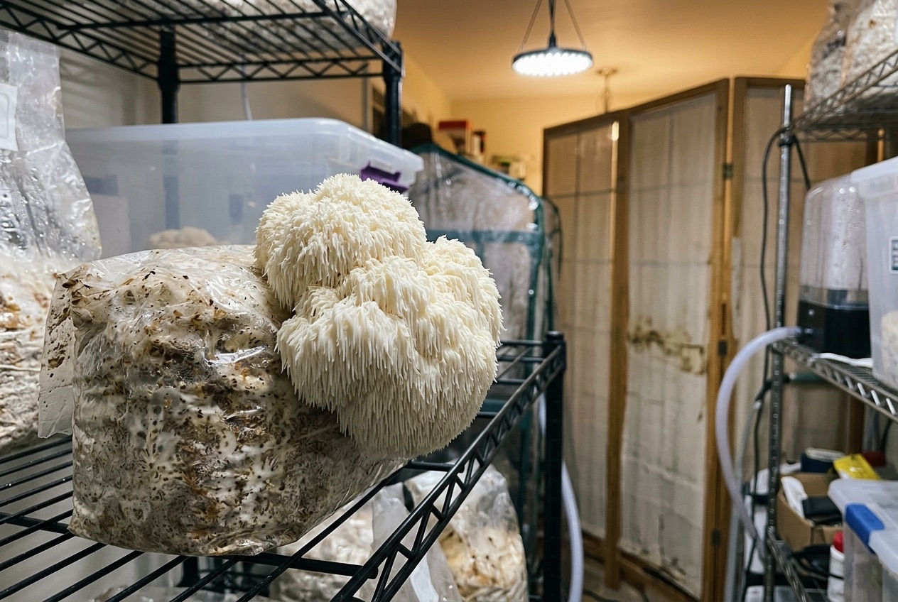 Fresh lion's mane mushroom fruiting in the grow room