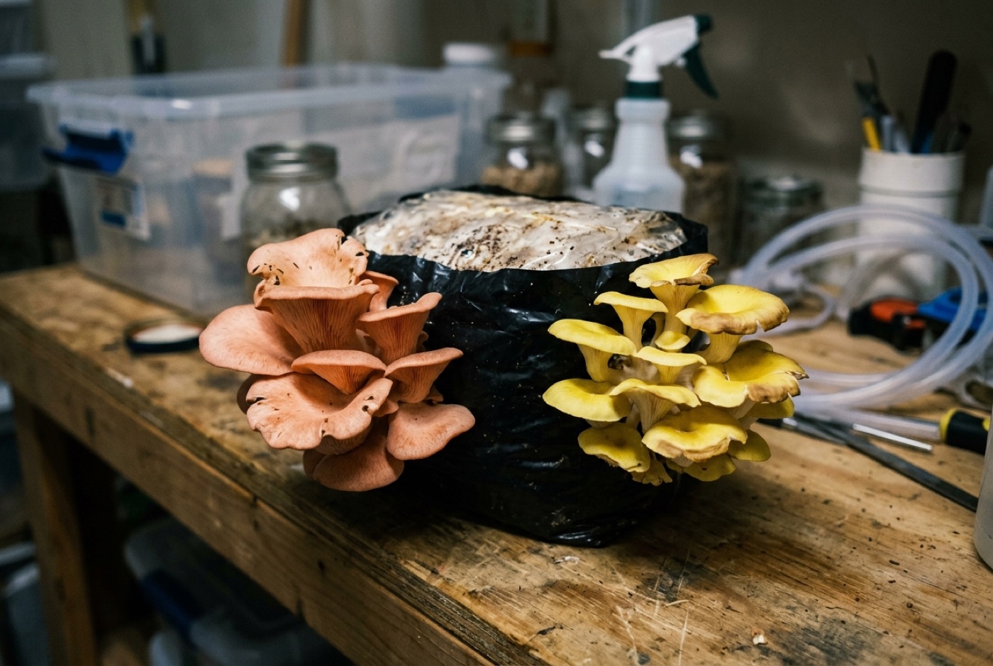 Fresh pink and golden oyster mushrooms